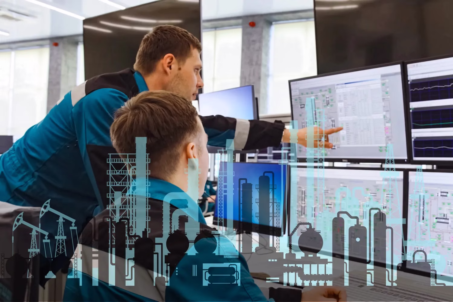 Two marine engineers reviewing planned maintenance system data on computer monitors