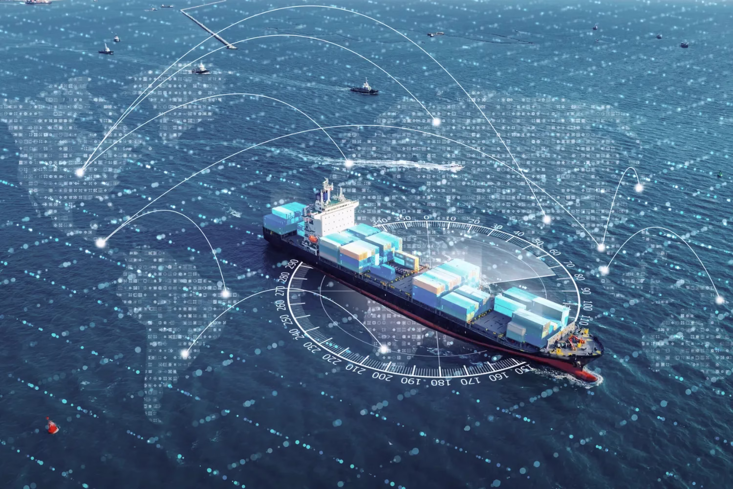 Container ship at sea overlaid with a global digital connectivity network