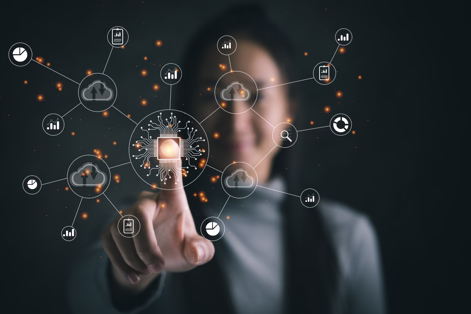 Business professional interacting with a cloud data and analytics interface
