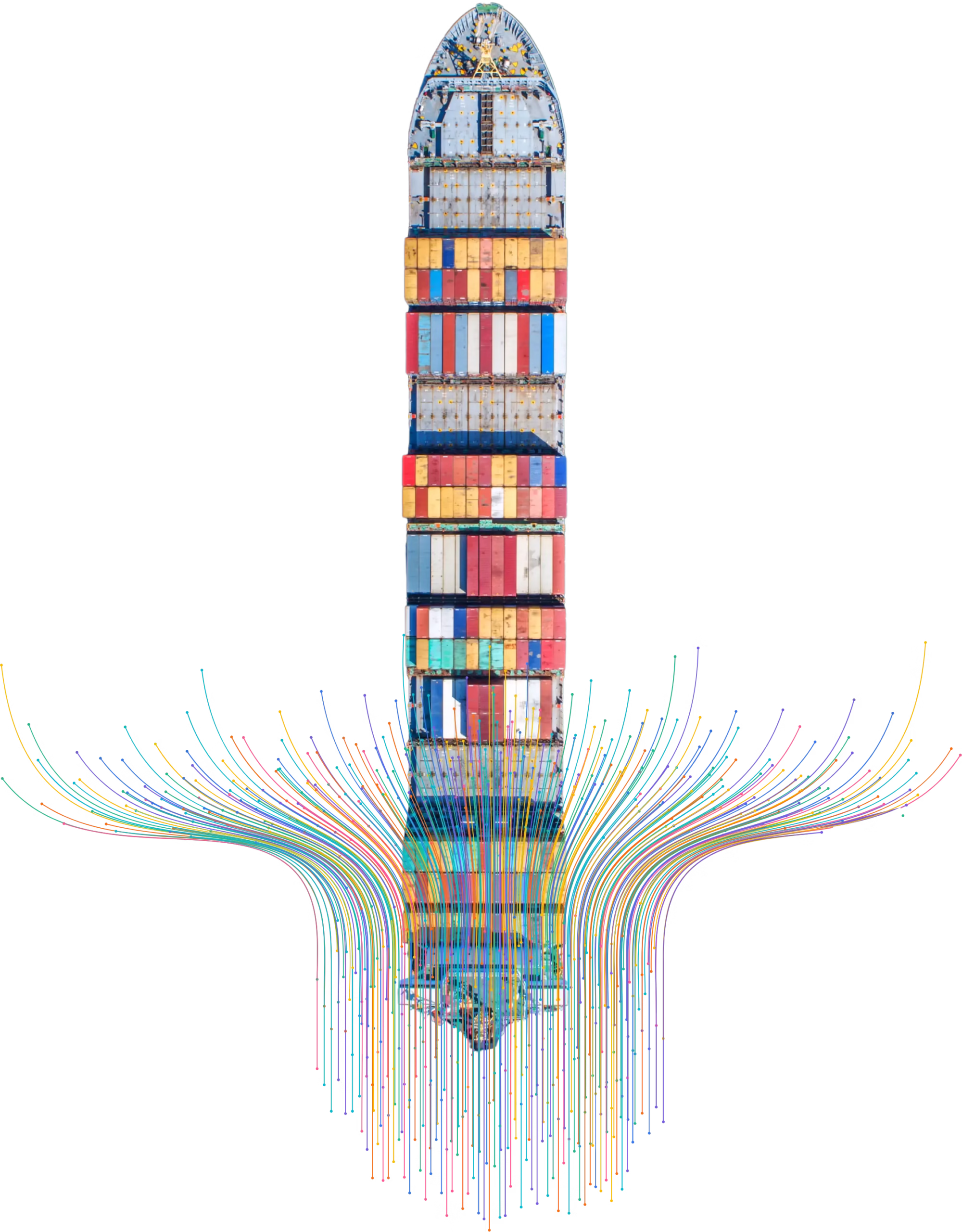 Container ship viewed from above with coloured data streams flowing from its hull