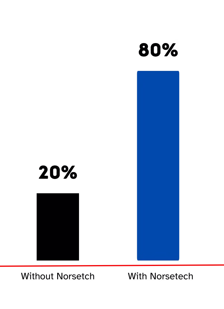 Bar chart comparing 20 percent efficiency without Norsetech against 80 percent with Norsetech