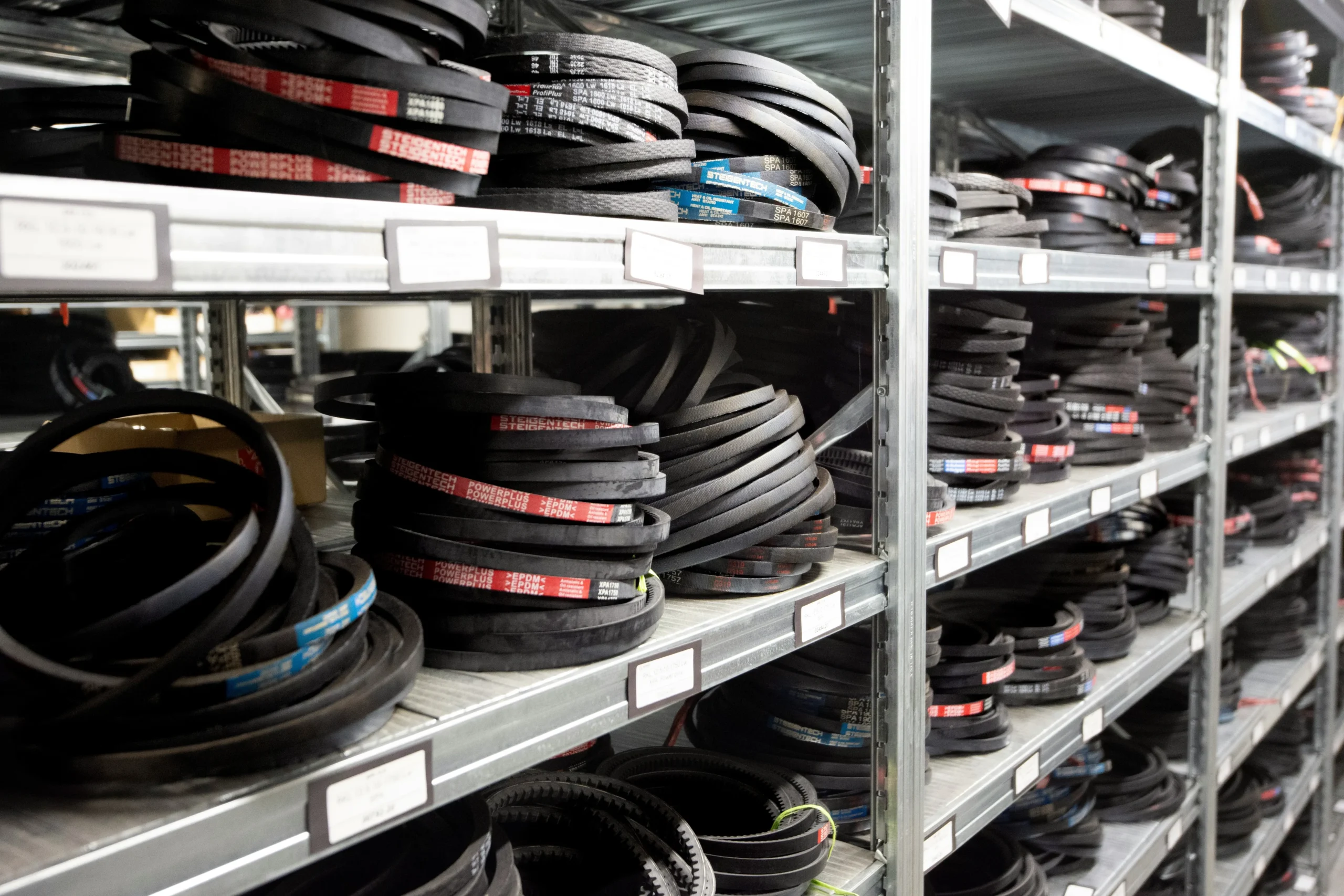 Belts arranged in store room after inventory audit