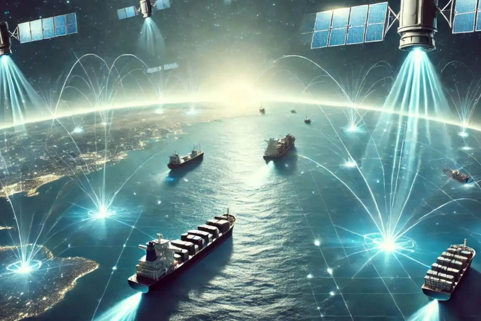 Satellite beaming connectivity to cargo ships at sea, representing vessel IT and communications